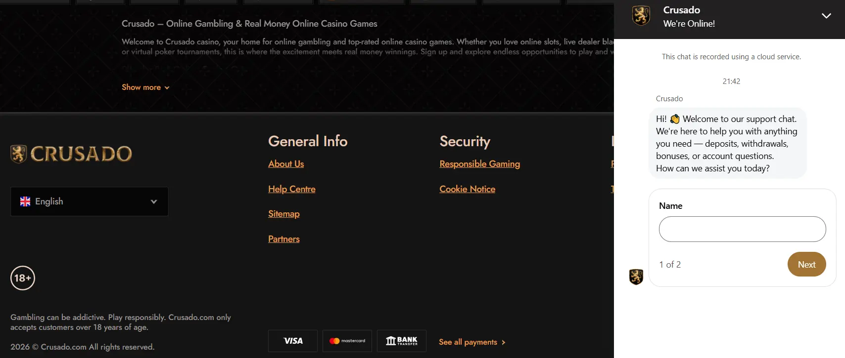 crusado casino live chat